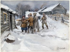 Avant la perquisition et la saisie - 検索と押収の前 (ロシア革命の一連の水彩画から) - Vladimirov, Ivan Alexeyevich (1869-1947) - 1920 - 紙に水彩 - 25,6x34,3 - 個人蔵 作： Ivan Alexeyevich Vladimirov