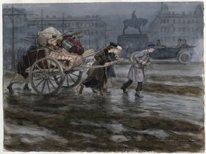 Famille demenageant ses Affairses dans une charrette a bras - カートで持ち物を移動する家族 (ロシア革命の一連の水彩画から) - ウラジミロフ、イワン アレクセイヴィッチ (1869-1947) - 1917-1918 - 紙に水彩 - 25,9x34,3 - 個人コレクション 作： Ivan Alexeyevich Vladimirov