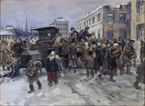 ウラジミロフ、イヴァン・アレクセイヴィッチ（1869-1947）による、ペトログラードの空腹の労働者が軍用トラックからパンを奪う。 水彩, ガッシュ ・ 紙 作： Ivan Alexeyevich Vladimirov