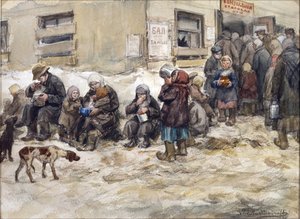 ペトログラードでの空腹の年。 ウラジミロフ、イワン・アレクセイヴィッチ（1869-1947）による「共同食堂」。 紙に水彩、ガッシュ。 プライベートコレクション 作： Ivan Alexeyevich Vladimirov