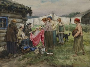 ペトログラードでの空腹の年。 ウラジミロフ、イワン・アレクセイヴィッチ（1869-1947）による、鉄道駅の近くの村での商品の交換。 水彩, ガッシュ ・ 紙