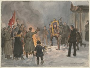 1917年のロシア革命水彩画シリーズの絵画を燃やす兵士