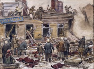 ウラジミロフ、イワン・アレクセイヴィッチ（1869-1947）による燃料のために木造住宅を解体する労働者。 水彩, ガッシュ ・ 紙 作： Ivan Alexeyevich Vladimirov