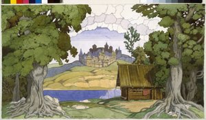 Alexei Vertovski (1799-1862) によるオペラ「アスコルドの墓」の装飾。 Ivan Yakovlevich Bilibin (Bilibin) (1876-1942) の作品、紙に水彩 作： Ivan Yakovlevich Bilibin