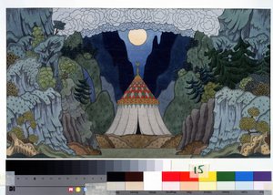 ニコラス (ニコライ) リムスキー コルサコフ (リムスキー コルサコフ) (1844-1908) によるオペラ「黄金の雄鶏」のセットの準備図 (N. リムスキー コルサコフによるオペラ「黄金の雄鶏」の舞台デザイン (リムスキー コルサコフ) Ivan Yakolevich Bilibin (ビリー) の描画 作： Ivan Yakovlevich Bilibin