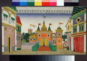 ニコラス (ニコライ) リムスキー コルサコフ (リムスキー-コルサコフ) (1844-1908) によるオペラ「黄金の雄鶏」のセットのための準備図面. イヴァン ヤコレヴィチ ビリビン (ビリビ) の絵