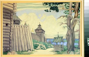 アレクサンドル・ボロディン (1833-1887) によるオペラ「イーゴリ公」の下絵 (A. ボロディンによるオペラ「イゴール王子」の舞台デザイン)。 Ivan Yakolevich Bilibin (ビリビン) (1876-1942) による描画。 紙に水彩、24 x 37 cm 作： Ivan Yakovlevich Bilibin