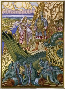 Dobrynia Nikitich は、Zabava Putyatishna をドラゴン Gorynych から救います。 (ドブリニャ・ニキティッチがザバヴァ・プチャティシュナをドラゴン・ゴリニッチから救出)。 キエフ大公国の伝統民話。 Ivan Yakovlevich Bilibin (Bilibin) (1876-1942) の作品、水彩、グワック 作： Ivan Yakovlevich Bilibin