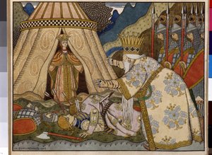 アレクサンダー プーシキン (1799-1837) の物語「ル コック ドール」の挿絵。 (A. プーシキンによるおとぎ話「黄金のおんどり」の挿絵)。 Ivan Yakovlevich Bilibin (Bilibin) (1876-1942) によるイラスト、紙に水彩、インク 作： Ivan Yakovlevich Bilibin