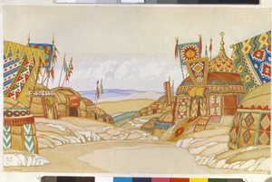 Polovtsien (または Couman、Kouman) 軍事キャンプ。 アレクサンドル ボロディン (ボロディン) (1833-1887) によるオペラ「イーゴリ公」の装飾。 Ivan Yakovlevich Bilibin (Bilibin) (1876-1942) の作品、紙に水彩
