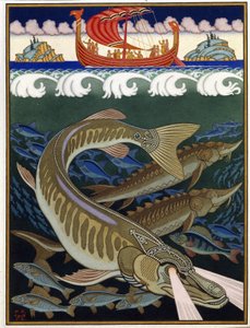 海の帝国（Sea Empire）。 ロシアの伝統的な物語。 Ivan Yakovlevich Bilibin (Bilibin) (1876-1942) の作品、紙に水彩、グワッシュ 作： Ivan Yakovlevich Bilibin