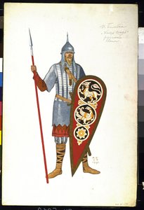 12世紀のロシアの戦士。 アレクサンダー・ボロディン（1833-1887）によるオペラ「イゴール王子」の衣装（ロシアの戦士。A.ボロディンによるオペラ「イゴール王子」の衣装デザイン）。 Ivan Yakolevich Bilibin（ビリビン）（1876-1942）による絵画 作： Ivan Yakovlevich Bilibin