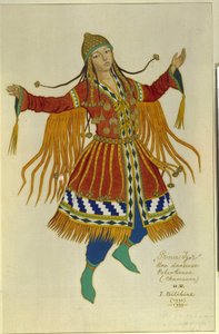 Polovtsian (または Couman、Kuman) のシャーマン ダンサー。 アレクサンドル・ボロディン (ボロディン) (1833-1887) によるオペラ「イゴール王子」の衣装。 Ivan Yakovlevich Bilibin (Bilibin) (1876-1942) の作品、紙に水彩 作： Ivan Yakovlevich Bilibin
