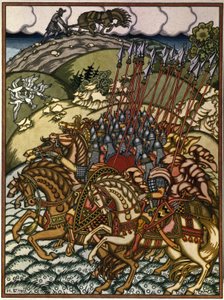 Volga Sviatoslavich (Vseslav de Polotsk (vers 1039-1101)、Grand Prince de Kiev de 1068 a 1069) et Mikula Selyaninovich (?)。 Oeuvre de Ivan Yakovlevich Bilibin (Bilibine) (1876-1942)、リトグラフ 作： Ivan Yakovlevich Bilibin