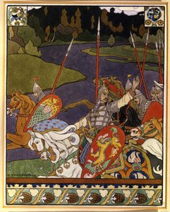 Volga Svyatoslavichと彼の軍隊。 （Volga Svyatoslavichと彼の軍隊）。 ロシア北部の民間伝承にインスパイアされた神話叙事詩のイラスト。 Ivan Yakovlevich Bilibin (Bilibin) (1876-1942) の作品、リトグラフ 作： Ivan Yakovlevich Bilibin