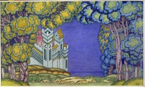 「皇帝サルタンの物語」のためのオペラの装飾、ニコラス (ニコライ) リムスキー コルサコフ (リムスキー コルサコフ) によるアイランド ブヤン (1844-1908) 作： Ivan Yakovlevich Bilibin