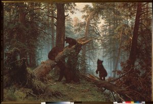 松林の朝 (母親の視線の下で、3 頭の子熊が倒れた木に登る) - 松林の朝 - Ivan Ivanovich Shishkin (Shishkin) (1832-1898) による絵画、キャンバスに油彩 作： Ivan Ivanovich Shishkin