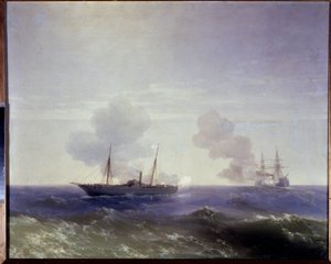 1877 年から 1878 年の露土戦争: 1877 年 7 月 11 日、黒海でのロシア巡洋艦ベスタと装甲艦フェティ ビュレンドの間の海戦 (ロシア巡洋艦ベスタと装甲艦フェティ ビュレンドの間の海戦)した 作： Ivan Konstantinovich Aivazovsky