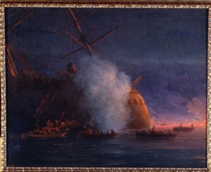 1877 年から 1878 年の露土戦争: 1877 年 8 月 12 日、黒海でのトルコの蒸気戦艦 Assari Shevket に対するロシアの帆船の攻撃 (トルコの蒸気戦艦 Assari Shevket に対するロシアのカッターの攻撃8月12日に黒海で 作： Ivan Konstantinovich Aivazovsky