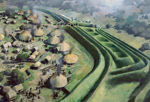 鉄器時代のオールド オスウェストリー ヒル フォートの入り口の空撮、1970～2010 年頃 作： Ivan Lapper
