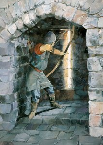 ビーストン城、チェシャーで矢のスリットから発砲する中世の射手 作： Ivan Lapper