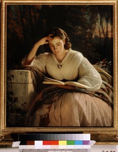 読む。 本を読むことに夢中になっている芸術家の妻の肖像画。 （読書。アーティストの妻の肖像）。 Ivan Nikolayevich Kramskoi (1837-1887) の絵画、キャンバスに油彩 作： Ivan Nikolaevich Kramskoy