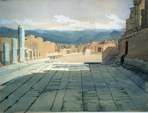 ポンペイ（イタリア）（Pompei）。ヴェスヴィオ山を前にしたナポリ湾のローマ遺跡のフォーラムの風景。イワン・ニコラエヴィチ・クラムスコイ（1837-1887）の作品、紙に水彩画 作： Ivan Nikolaevich Kramskoy