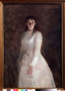 お嬢様の肖像（お嬢様の肖像）。 （長い白いドレスを着ています）。 Ivan Nikolayevich Kramskoi (1837-1887) の絵画、キャンバスに油彩。 ロシア美術 作： Ivan Nikolaevich Kramskoy