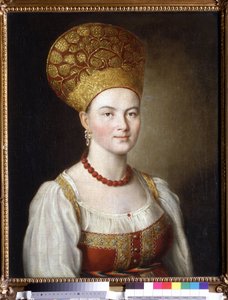 ロシアの衣装を着た女性のポートレート (ロシアのドレスを着た女性のポートレート)。 Ivan Petrovich Argunov (Argunov) (1729-1802) による絵画。 キャンバスに油彩、67 x 53.6 cm 作： Ivan Petrovich Argunov