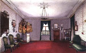 アイコンコーナーのあるロシアのリビングルーム（水彩画） 作： Ivan Petrovich Volski