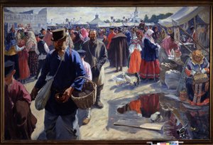 フェア（フェア）。 ロシアの地方の町のマーケット シーンで、農民や売り手がいる伝統的な雰囲気の中で。 Ivan Semyonovich Kulikov（Koulikov）（1875-1941）による絵画、キャンバスに油彩