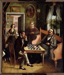 「「レディースプレーヤー」「ロシアのブルジョアグループ」。 Ivan Stepanovich Doshchennikovによる絵画（1812-1893）1840-1850州アートギャラリー、パーマ、ロシア 作： Ivan Stepanovich Doshchennikov