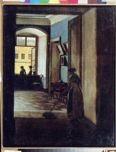 「室内風景」 廊下（学校？）の日陰で使用人がモップを通り過ぎる。 Ivan Trofimovich Durnov (1801-1847) による絵画 タタールスタン共和国国立美術館、カザン 作： Ivan Trofimovich Durnov