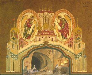 チュドフ修道院。オペラの舞台デザイン、M。ムソルグスキー作、1930年 作： Ivan Yakovlevich Bilibin