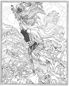チェルノモールとラスランの飛行。プーシキンによる詩、ルスランとリュドミラへの挿絵、1918年 作： Ivan Yakovlevich Bilibin