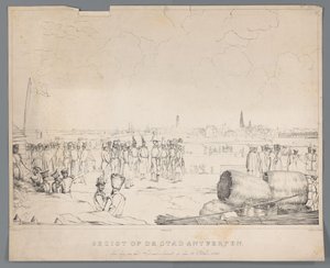砲撃の翌日、1830 年 10 月 28 日のアントワープの街の眺め (オブジェクトのタイトル) 作： Izaak Schouman