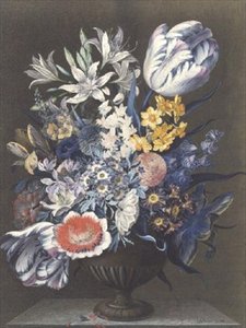 大理石のテーブルに置かれた花の壷 作： J.A. Simson