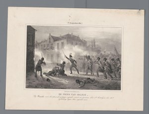 ラヴェルで軍隊を率いるオラニエ公、1831年 Ravels で馬から降りたオラニエ公は、敵に対して第 18 師団の第 2 大隊を率いる / (1831 年 8 月 3 日) (オブジェクトのタイトル) 戦いの 7 つのプレート o