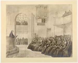 1840年、カイザースヴェルトの礼拝堂でフリーコナー牧師のディアコニッセンキルシュ牧師が宣教師たちに説教 作： J.B. Sonderland