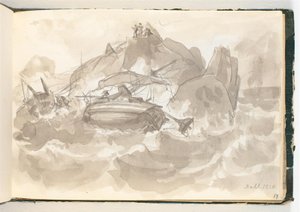 岩が多い海岸の難破船。 何人かの男性が岩の上に立って見ています 作： Johan Christian Dahl
