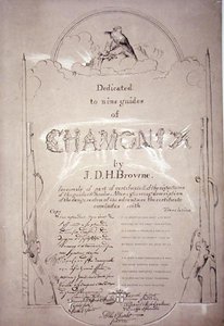 1853年に出版されたJ.D.H.ブラウンの「モンブランの最後の登攀における10のシーンと頂上からの5つの景色」から、遠征したシャモニーの9人のガイドに捧げる（リトグラフ版） 作： J.D.H. Browne