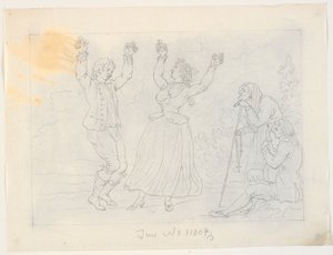 ファンダンゴを踊る男女。 ギターを弾く若者とそれを見つめる老婆 作： J.F. Clemens