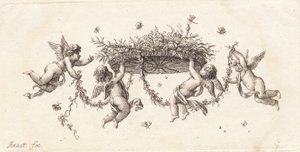 スクロールした葉とリボンのビネット 作： J.F. Clemens