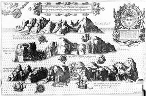 セントヘレナ島、Linschotens Itinerario、1596からのイラスト 作： J.H. van Linschoten
