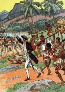 ハワイでジェームズ・クックが現地人に殺される 作： J.L Beuzon (fl.1880 1940)