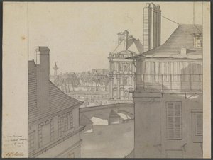ボーヌ通り、ホテル イルランドにある J.P. モラーのアパートからの眺め。 3、1812 年 3 月 6 日、セーヌ川を渡ってチュイルリーとリヴォリ通りに向かう 作： J.P. Møller
