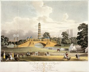 1814 年、ロンドンのセント ジェームズ パークにある中国橋とパゴダの眺め