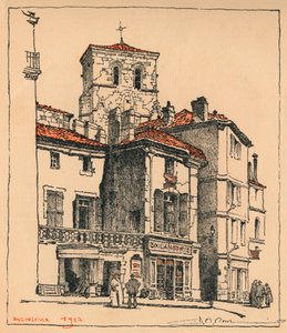 聖アンドレ教会の塔のあるムリエ広場、フランス、アングレーム、1924年 作： JR Rowe