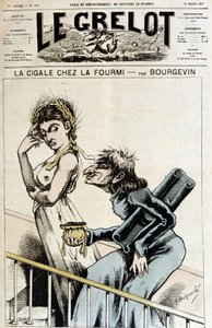 La cicada chez la ant - イエズス会士が開いた財布を持って、小麦のエピスの冠をかぶった未婚の女性に手渡す風刺画で、デダンの口づけをしている - A. Bourgevin (またはJ.BlassetまたはAlbert Douat)によるイラスト。 作： J.  Blass