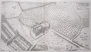 庭園、公園、ブドウ畑の一部を持つヴァレリー城、1570年代に出版された「フランスのプラス・ベル・バスティメント」より（エングレーヴィング） 作： J. Androuet  Ducerceau